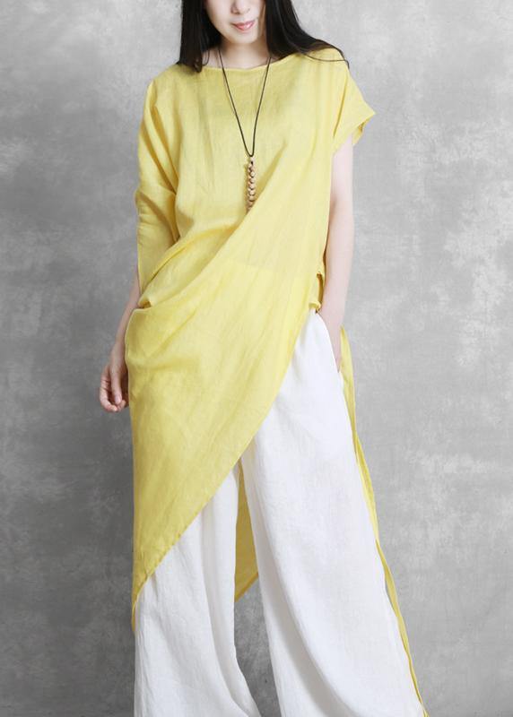 Bohemian yellow clothes For Women o neck asymmetric Plus Size Clothing tie waist top - SooLinen