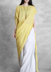 Bohemian yellow clothes For Women o neck asymmetric Plus Size Clothing tie waist top - SooLinen