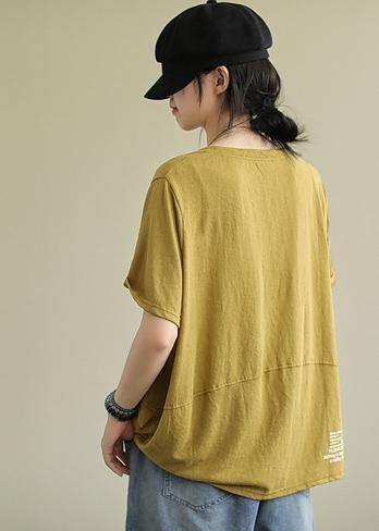 Bohemian yellow cotton linen tops women blouses o neck Letter Plus Size Clothing summer blouses - SooLinen