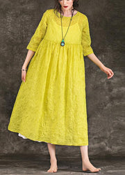 Bohemian yellow cotton quilting clothes Casual Catwalk o neck Three Quarter sleeve Robe Summer Dresses
