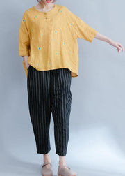 Bohemian yellow embroidery linen cotton top silhouette pattern short sleeve summer shirts - SooLinen