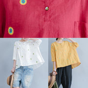 Bohemian yellow embroidery linen cotton top silhouette pattern short sleeve summer shirts - SooLinen