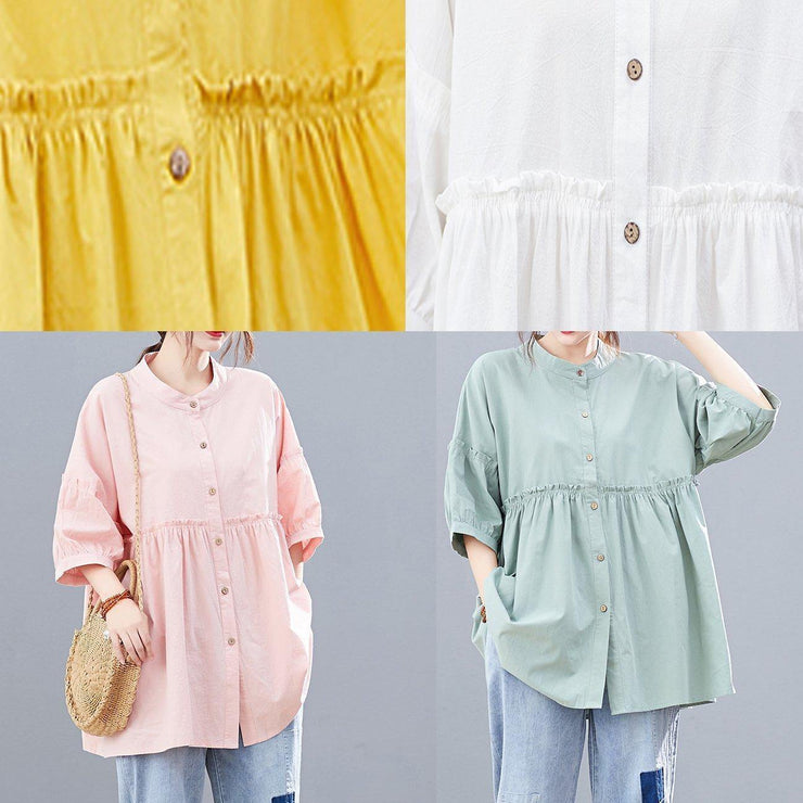 Bohemian yellow lantern sleeve cotton blouses for women stand collar Art summer shirts - SooLinen