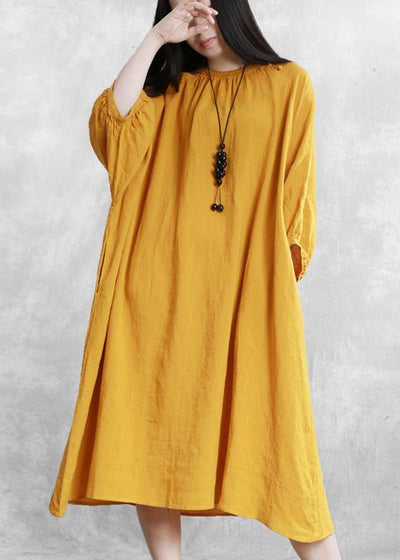 Bohemian yellow linen dresses o neck baggy Cinched Robe Dress - SooLinen