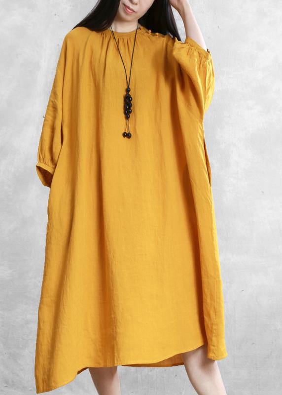 Bohemian yellow linen dresses o neck baggy Cinched Robe Dress - SooLinen