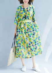 Bohemian yellow prints linen Soft Surroundings Cinched waist A Line summer Dresses - SooLinen