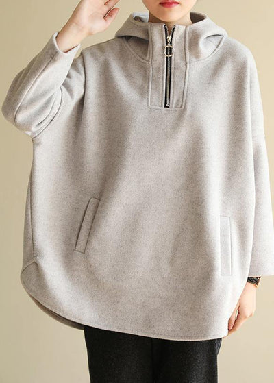 Bohemian zippered cotton hooded crane tops Fabrics gray Sweatshirt - SooLinen