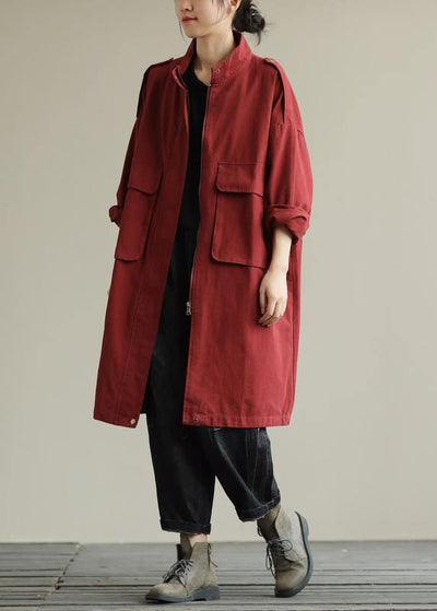 Bohemian zippered pockets fine fall Coats Women red baggy coat - SooLinen