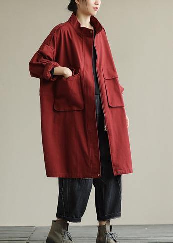 Bohemian zippered pockets fine fall Coats Women red baggy coat - SooLinen