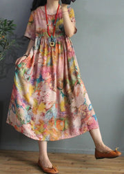 Bohemian Blumenleinen Roben O-Ausschnitt lockeres Sommerkleid mit Cinch