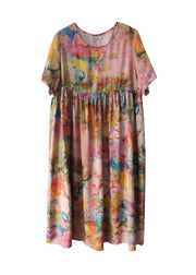 Bohemian Floral Silk Floss Robes O Neck Cinched Loose Summer Dress
