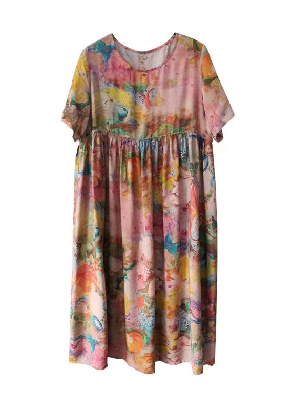Bohemian Floral Silk Floss Robes O Neck Cinched Loose Summer Dress