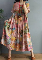 Bohemian Blumenleinen Roben O-Ausschnitt lockeres Sommerkleid mit Cinch