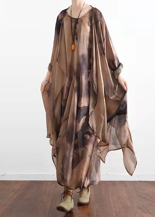 Bohemian Khaki Asymmetrical Print Silk Cardigans And Dress Two Piece Suit Set Summer