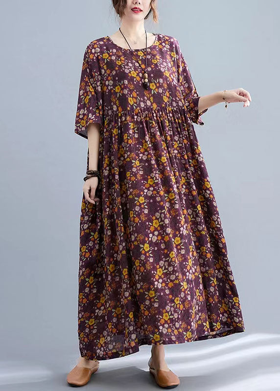 Bohemian Yellow Floral O-Neck Cinched pockets Long Dress Long Sleeve