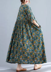Bohemian Yellow Floral O-Neck Cinched pockets Long Dress Long Sleeve