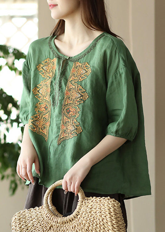 Boho Apricot O-Neck Embroidered Low High Design Ramie Shirts Summer