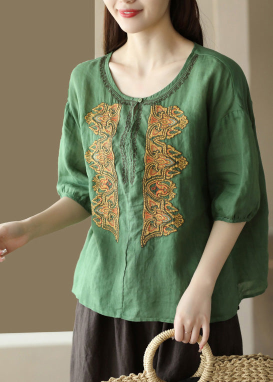 Boho Apricot O-Neck Embroidered Low High Design Ramie Shirts Summer