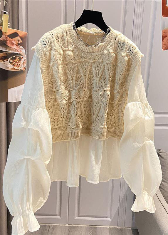 Boho Apricot O-Neck Lace Patchwork Hollow Out Shirts Long Sleeve