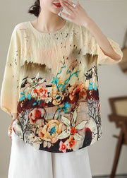 Boho Apricot O Neck Print Patchwork Linen T Shirt Tops Summer