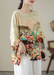Boho Apricot O Neck Print Patchwork Linen T Shirt Tops Summer