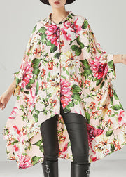 Boho Apricot Print Low High Design Chiffon Shirt Dresses Spring