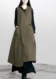 Boho Army Green Asymmetrical Design Pockets Fall Long Waistcoat - SooLinen