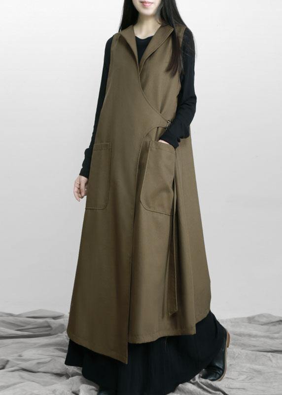 Boho Army Green Asymmetrical Design Pockets Fall Long Waistcoat - SooLinen