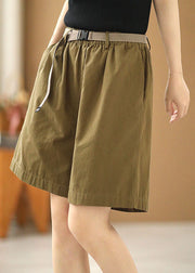 Boho Army Green Elastische Taillentaschen Schärpen Baumwolle Shorts mit weitem Bein Sommer