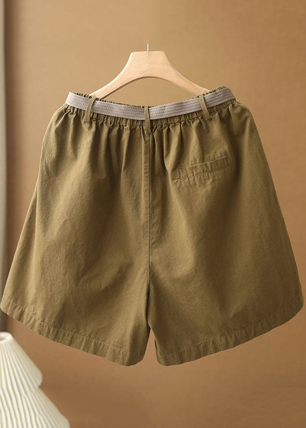 Boho Army Green Elastic Waist Pockets Sashes Cotton Wide Leg Shorts Summer