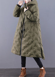 Boho Army Green Hooded Drawstring Side Open Thick Duck Down Down Coats Winter