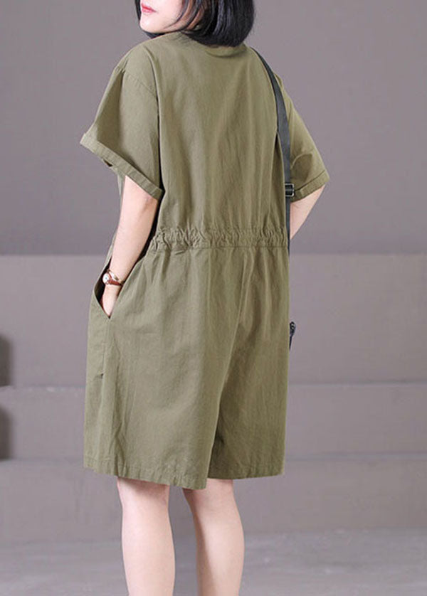Boho Army Green Peter Pan Collar Drawstring Pockets Solid Color Cotton Overalls Jumpsuit Summer