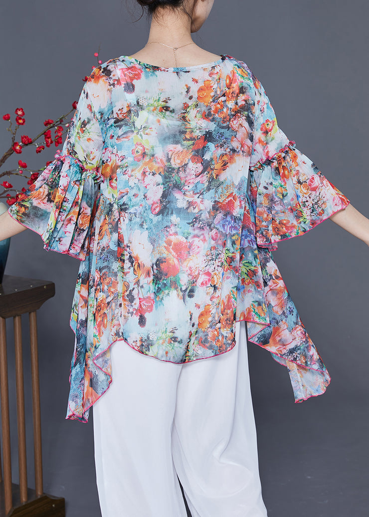 Boho Asymmetrical Design Floral Print Chiffon Shirts Flare Sleeve