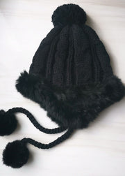 Boho Beige Rabbit Hair Patchwork Knitted Cotton Hat
