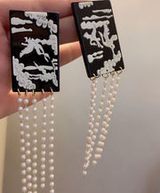 Boho Black Acrylic Pearl Shell Flower Tassel Drop Earrings