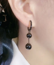 Boho Black Alloy Inlaid Gem Stone Drop Earrings