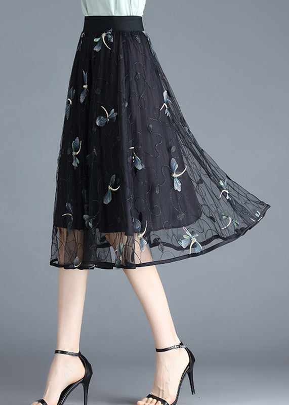 Boho Black Butterfly Embroidered Elastic Waist Tulle Skirt Summer