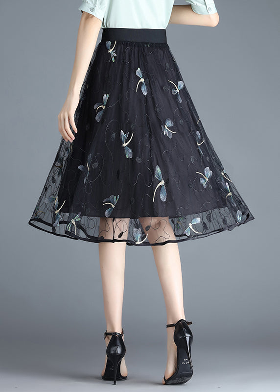 Boho Black Butterfly Embroidered Elastic Waist Tulle Skirt Summer