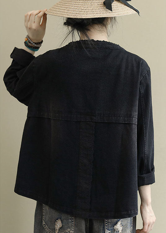 Boho Black Casual Button Embroidered Fall Denim Coat
