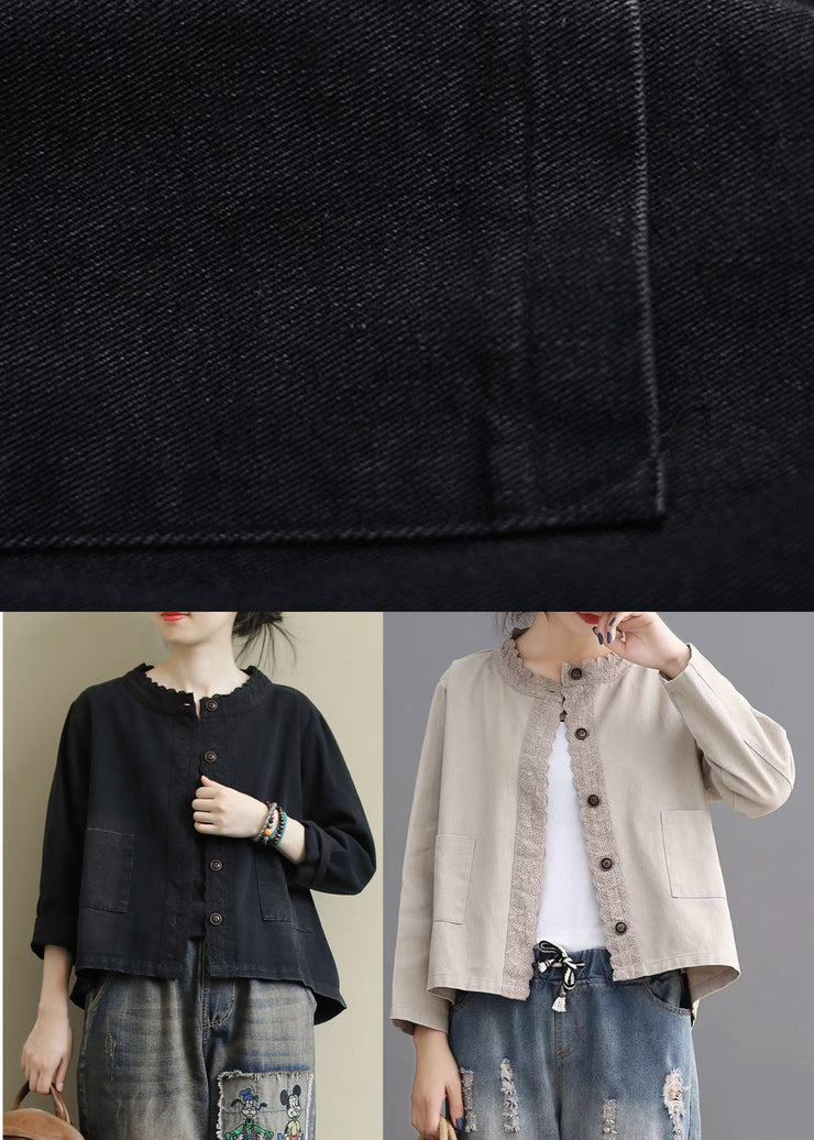 Boho Black Casual Button Embroidered Fall Denim Coat