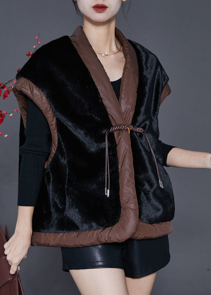 Boho Black Chinese Button Patchwork Mink Velvet Vests Spring