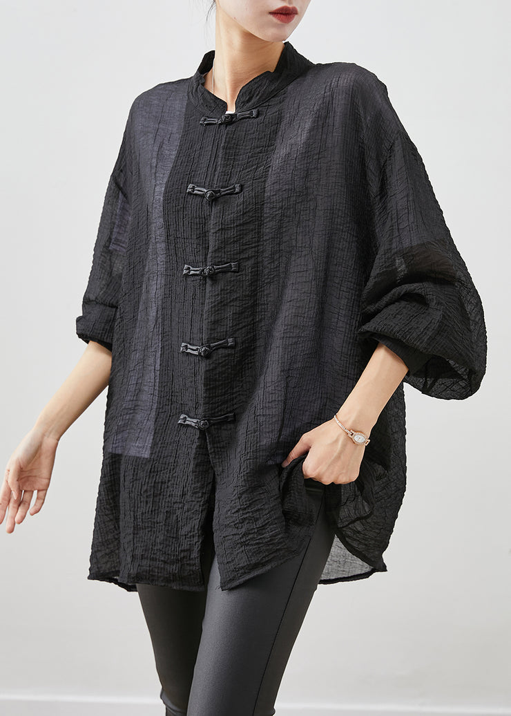 Boho Black Chinese Button Wrinkled Linen Shirt Top Fall