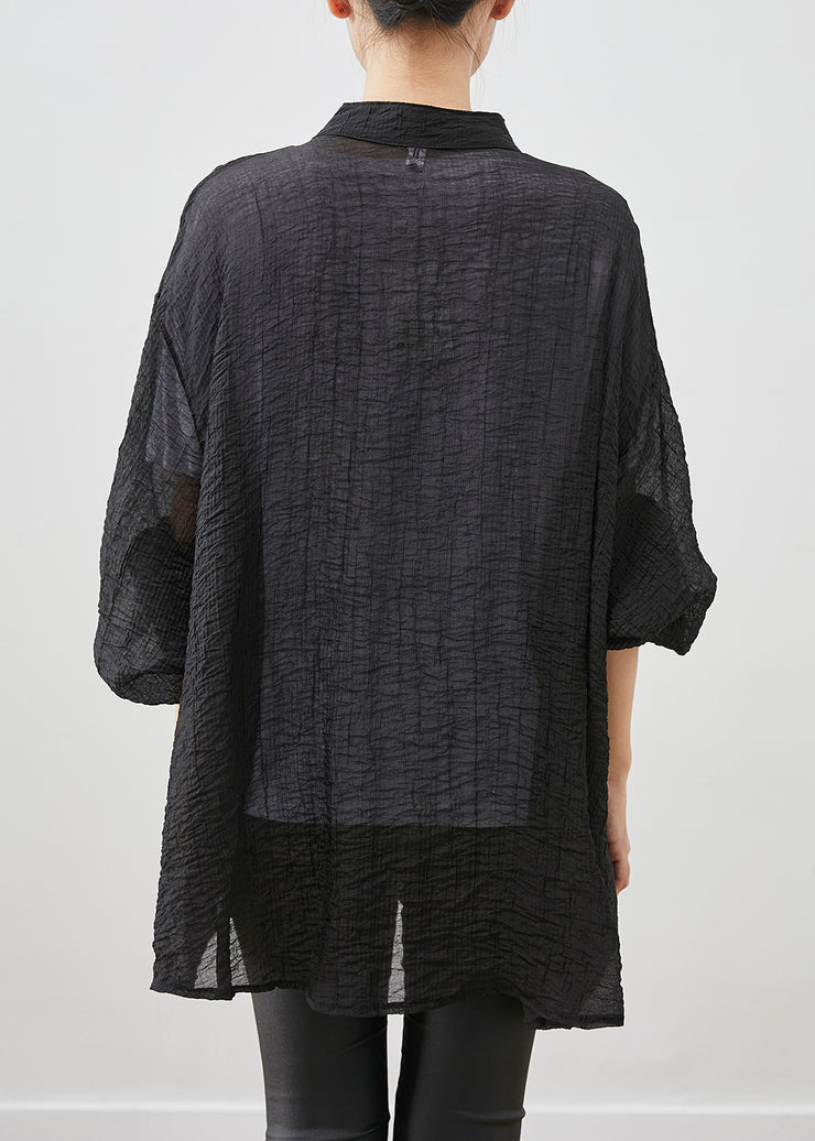 Boho Black Chinese Button Wrinkled Linen Shirt Top Fall