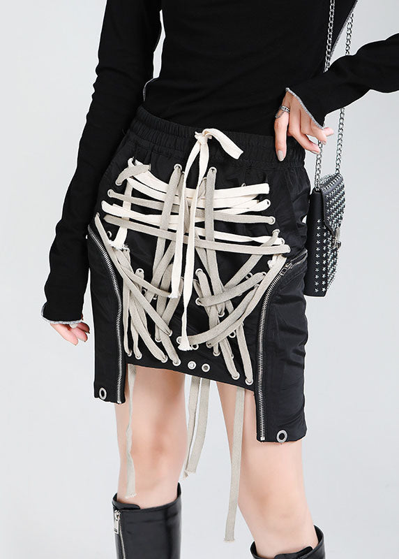 Boho Black Elastic Waist Drawstring Pockets Asymmetrical design Fall Skirts