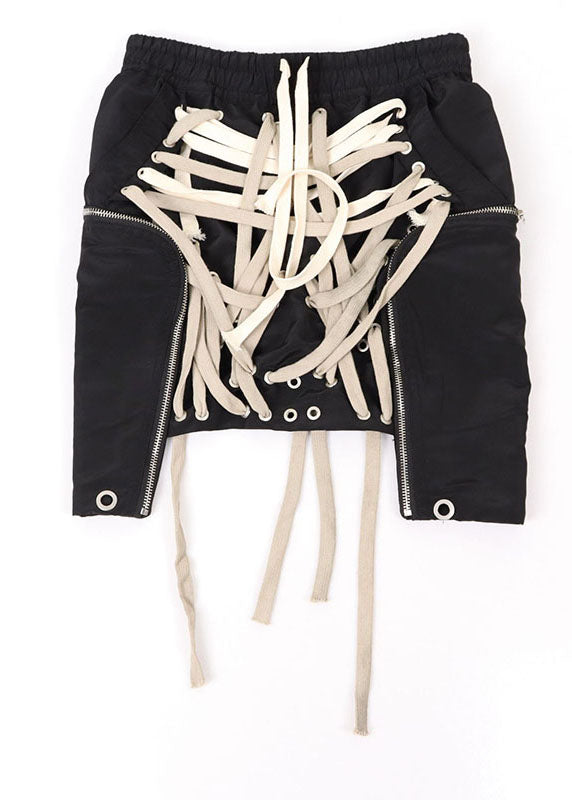 Boho schwarze elastische Taillentaschen mit Kordelzug asymmetrisches Design Herbströcke