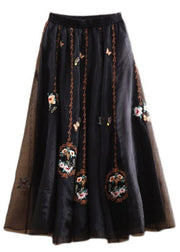 Boho Black Elastic Waist Embroidered Tulle Maxi Skirts Summer