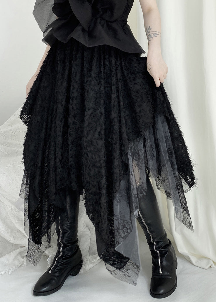 Boho Black Elastic Waist Lace Patchwork Tulle Maxi Skirt Fall