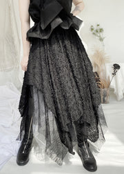 Boho Black Elastic Waist Lace Patchwork Tulle Maxi Skirt Fall