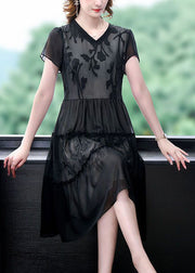 Boho Black Embroidered Patchwork Ruffled Chiffon Maxi Dresses Summer