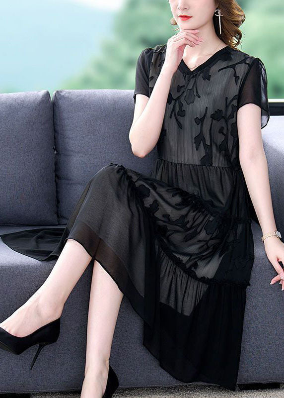Boho Black Embroidered Patchwork Ruffled Chiffon Maxi Dresses Summer